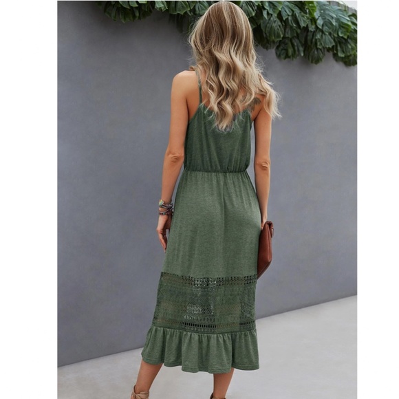 Green Midi Dress Fit and Flared Button Front Lace Detail Cami Top - Picture 2 of 8